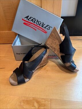 AEROSOLES Black Cork Wedge Slingback Sandals